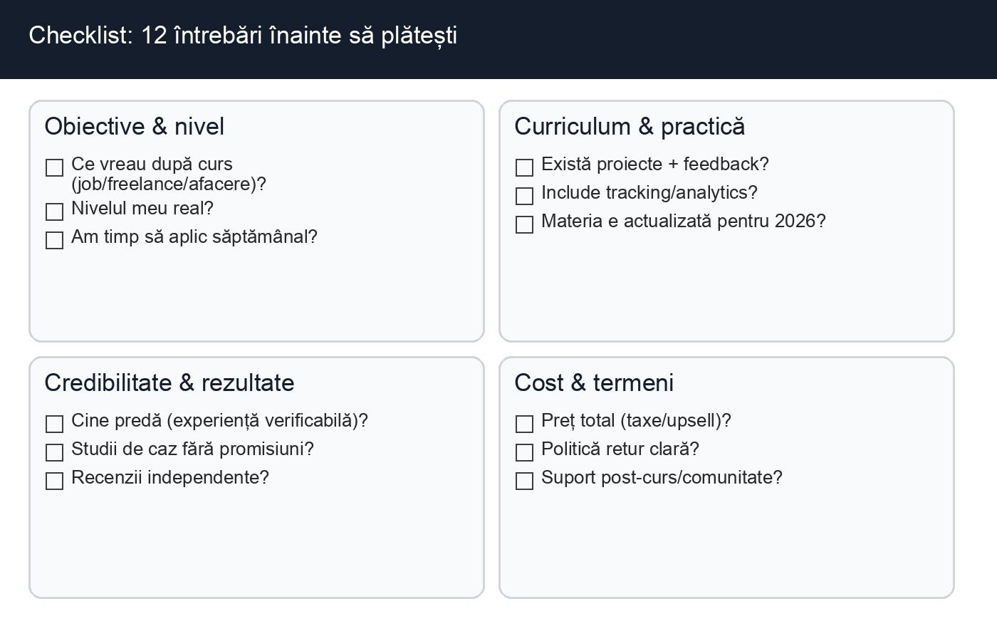 Checklist cu întrebări esențiale înainte să cumperi un curs de marketing digital în România.